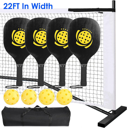 Portable Pickleball Net Set 22ft Regulation Size Net Pickle Ball Net System with 4 Pickleballs 4 Paddles Carrying Bag for Driveway Backyard