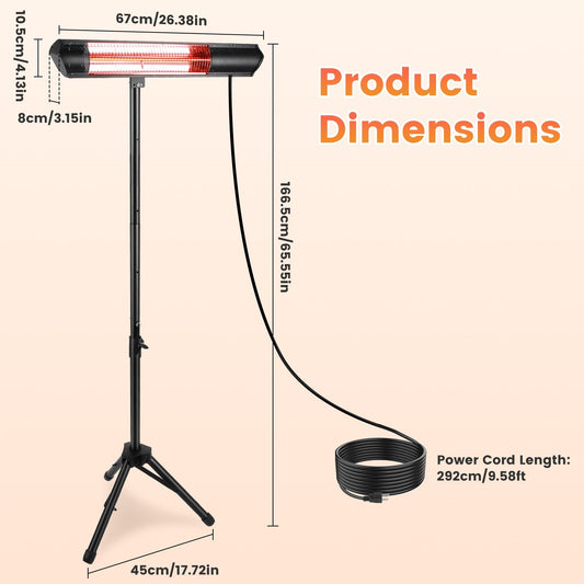 1500W Infrared Patio Heater with Stand, 3 Heat Levels & Remote