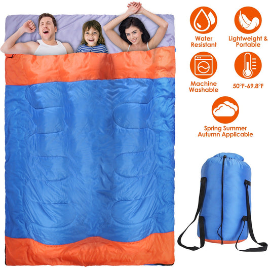 3 People Sleeping Bag for Adult Kids Lightweight Water Resistant Camping Cotton Liner Cold Warm Weather Indoor Outdoor Use 3 Season with Sack for Spri
