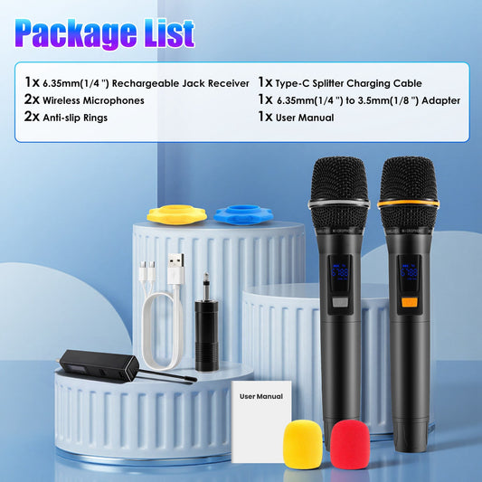 UHF Rechargeable Wireless Microphones | Metal Handheld Mics with 262FT Range